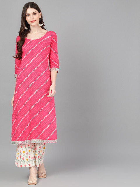 

AKS Women Magenta & Off-White Printed Kurta with Palazzos
