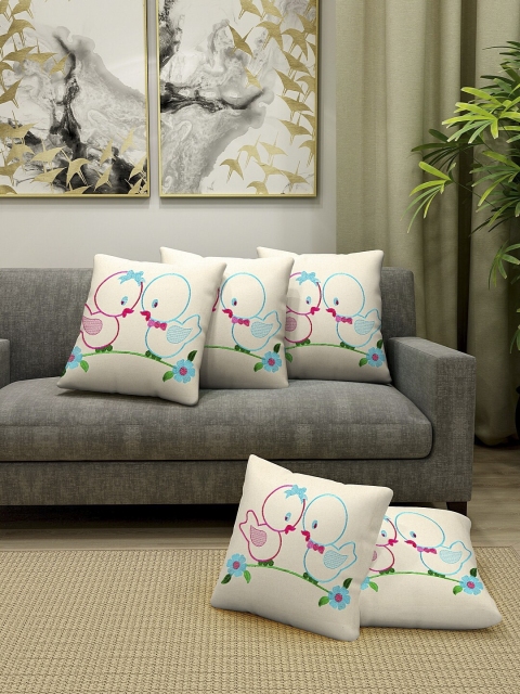 

KLOTTHE Set of 5 Off-White & Blue Quirky Square Cushion Covers