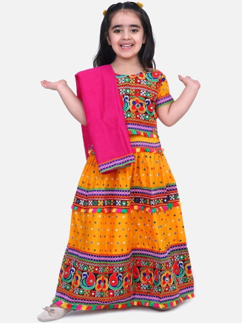 

BownBee Girls Yellow & Pink Embroidered Ready to Wear Lehenga & Blouse with Dupatta