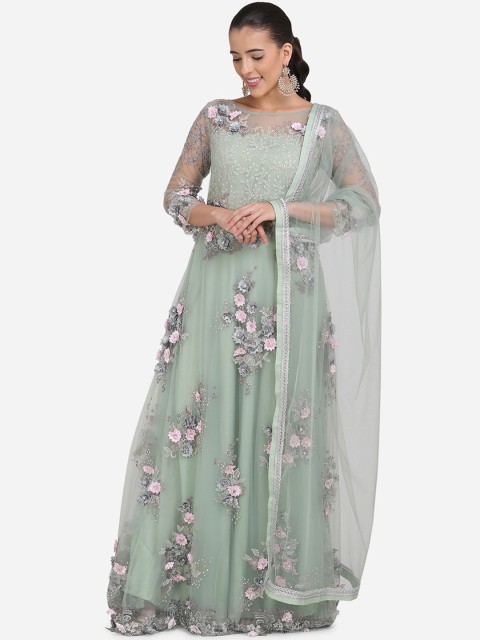 

Stylee LIFESTYLE Green Net Semi-Stitched Dress Material