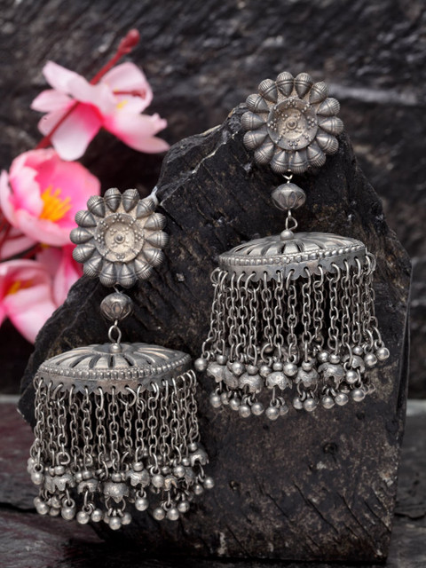

Moedbuille Silver-Toned Dome Shaped Jhumkas