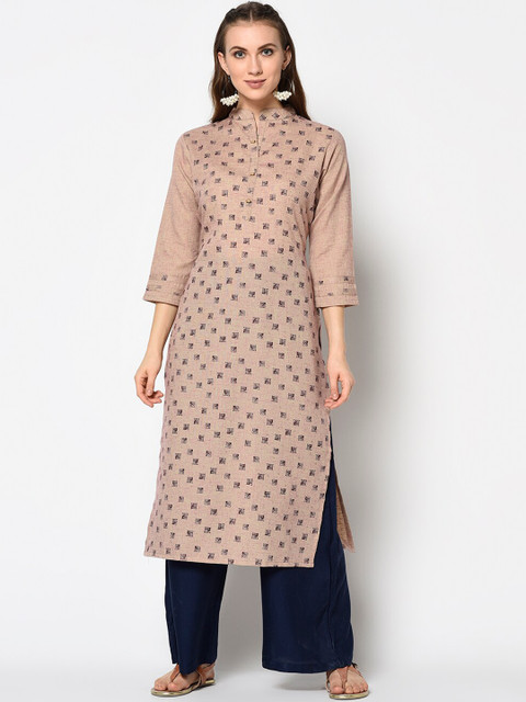 

Kvsfab Women Beige Printed Straight Kurta