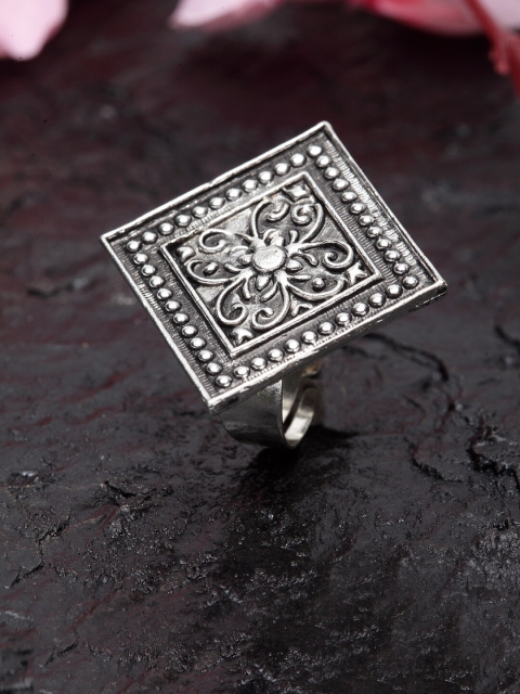 

Moedbuille Silver-Plated Oxidised Handcrafted Tribal & Temple Design Engraved Antique Adjustable Finger Ring