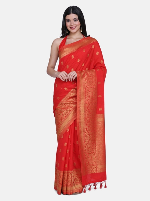 

BOMBAY SELECTIONS Orange & Gold-Toned Silk Blend Woven Design Banarasi Saree