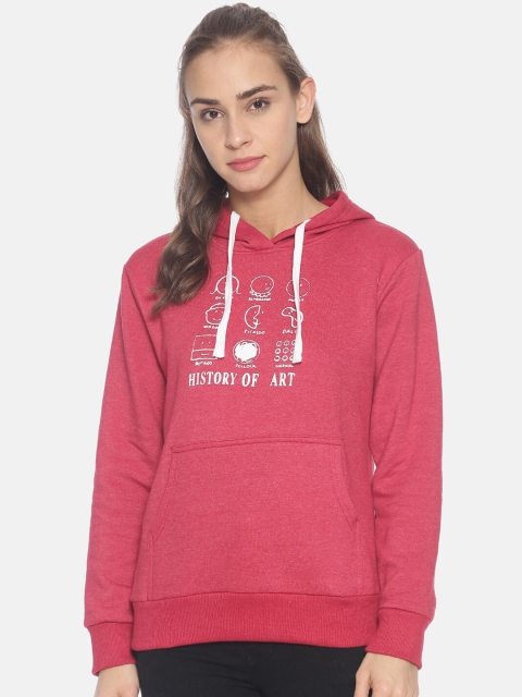 

Campus Sutra Women Coral Red Solid Hooded Sweatshirt