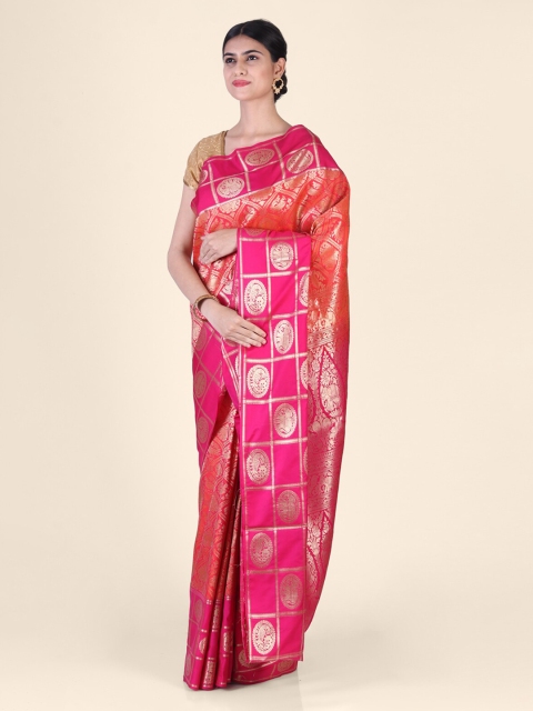

Hastakala Pink & Orange Silk Blend Woven Design Kanjeevaram Saree