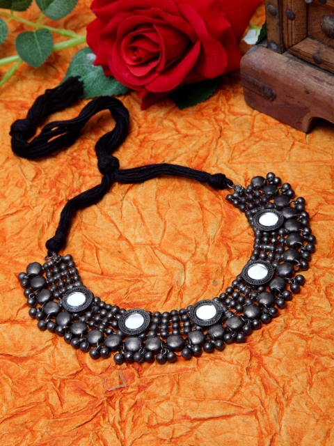 

Moedbuille Brass-Plated Mirror Studded Tribal Antique Oxidised Handcrafted Temple Choker, Silver