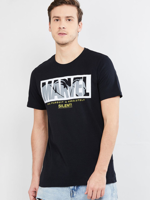 

max Men Black Printed V-Neck T-shirt