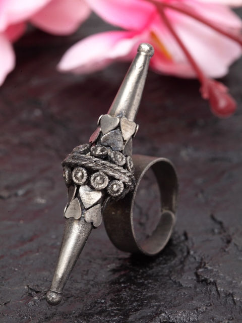 

Moedbuille Oxidised Silver-Plated & Metallic Tribal Temple Design Adjustable Finger Ring