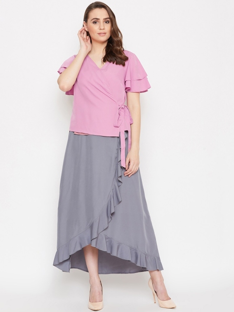 

Bitterlime Women Pink & Grey Solid Top with Skirt