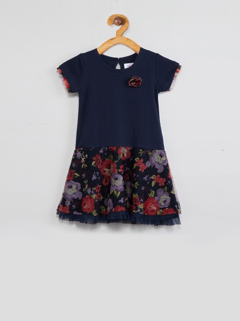

max Girls Navy Blue Floral Printed Drop-Waist Dress