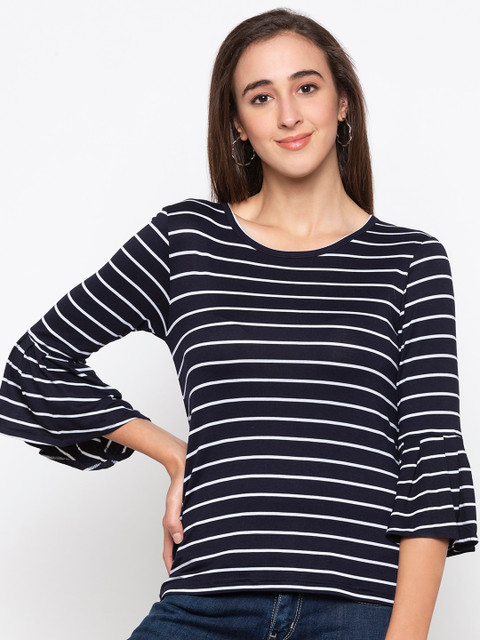 

Globus Women Navy Blue Striped Pure Cotton Top