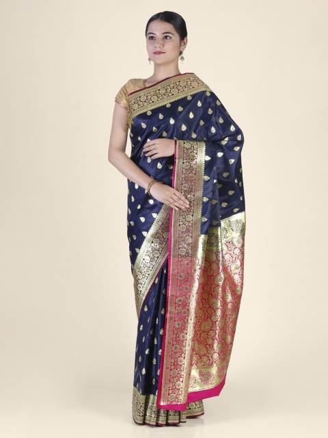 

Hastakala Navy Blue & Pink Silk Blend Embellished Banarasi Handloom Saree