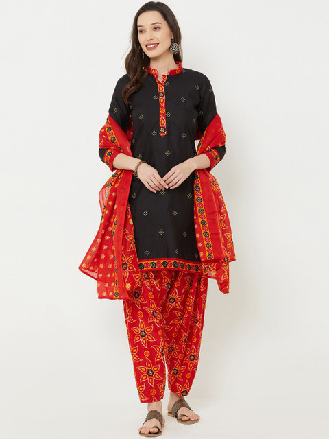 

Satrani Black & Red Pure Cotton Unstitched Dress Material