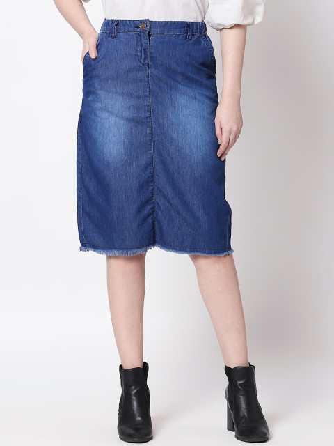 

High Star Women Blue Solid Denim Straight Skirt