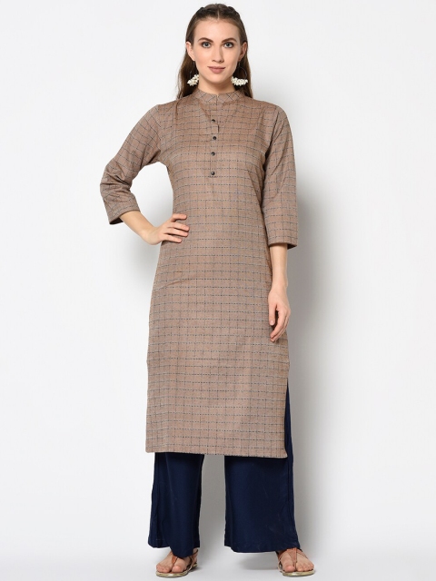 

Kvsfab Brown Checked Straight Cotton Kurta