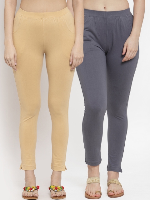 

TAG 7 Women Pack Of 2 Solid Ankle-Length Leggings, Beige