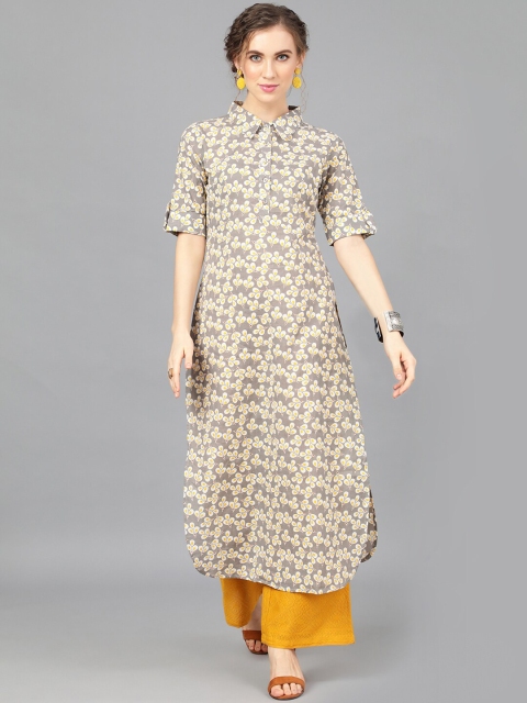 

AKS Women Grey & Yellow Printed Straight Kurta