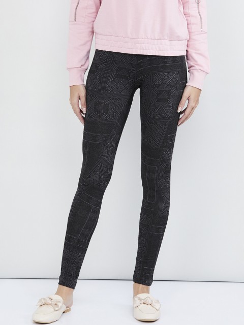 

max Women Black & Grey Printed Ankle-Length Leggings