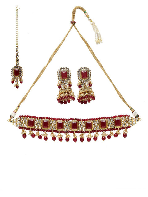 

ANIKAS CREATION Gold-Plated Maroon & White Kundan Beaded Handcrafted Jewellery Set