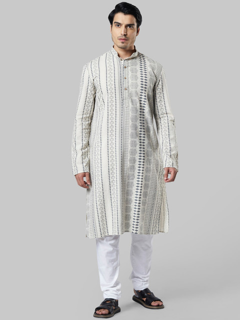 

Ethnix by Raymond Men Beige & Grey Printed A-Line Kurta
