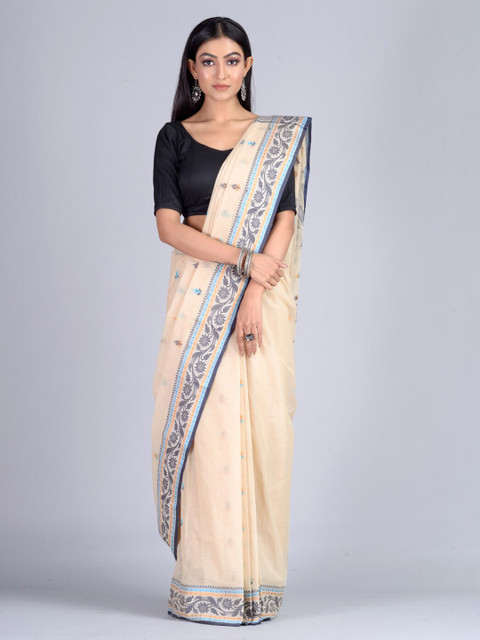 

Mitera Beige & Black Pure Cotton Woven Design Taant Saree