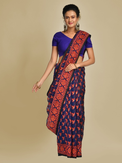 

Mitera Blue & Orange Silk Cotton Woven Design Jamdani Saree