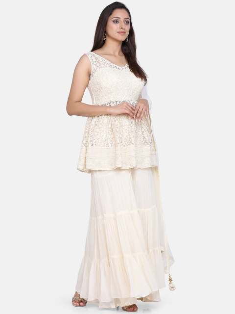 

BOMBAY SELECTIONS Women White Embroidered Kurti with Sharara & Dupatta