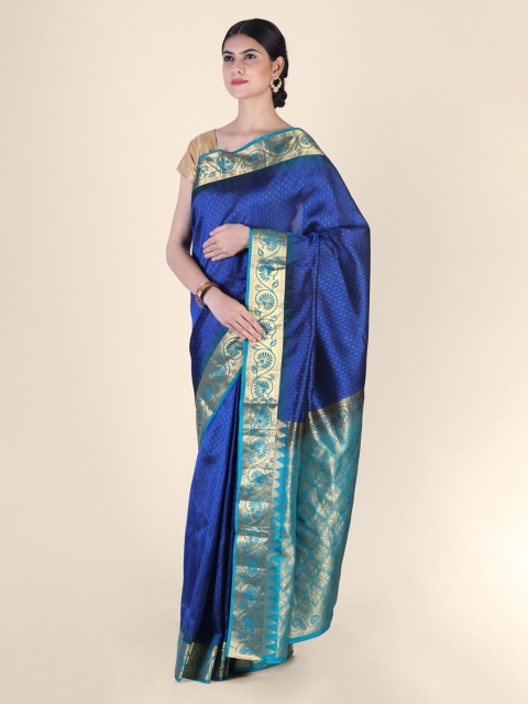 

Hastakala Blue & Gold-Toned Pure Silk Printed Jamdani Saree