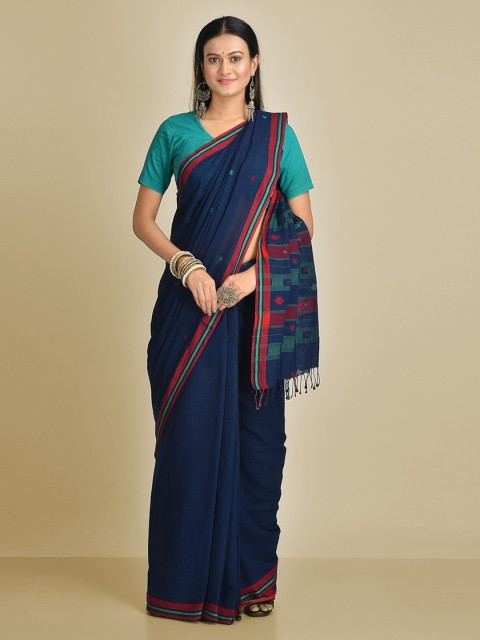 

Mitera Navy Blue & Red Pure Cotton Solid Handloom Taant Saree