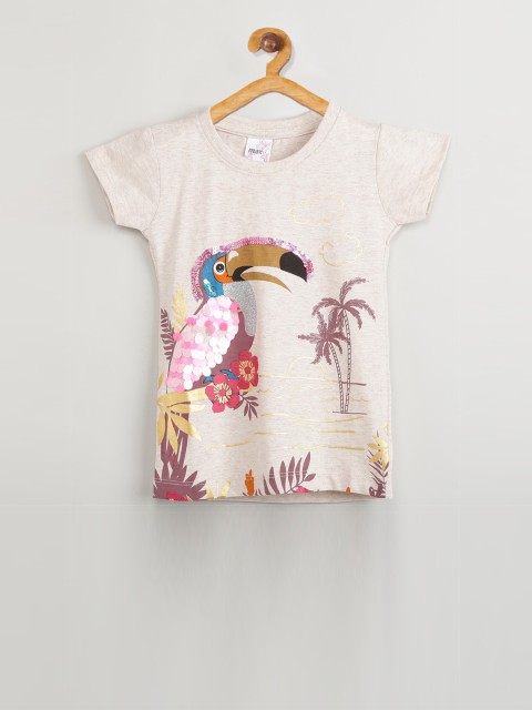 

max Girls Beige & Brown Printed Embellished Round Neck T-shirt