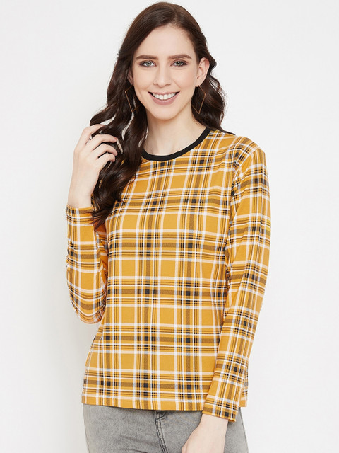 

Hypernation Women Yellow Checked Round Neck T-shirt
