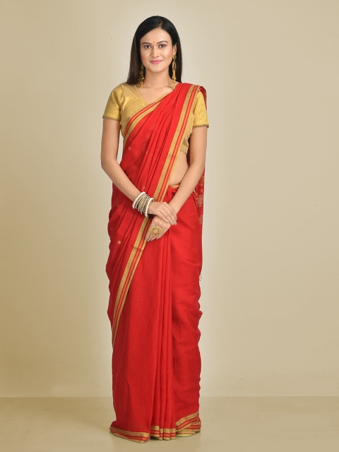 

Mitera Red & Gold-Toned Pure Cotton Checked Taant Saree