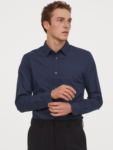 

H&M Men Blue Slim Fit Easy Iron Shirt, Navy blue