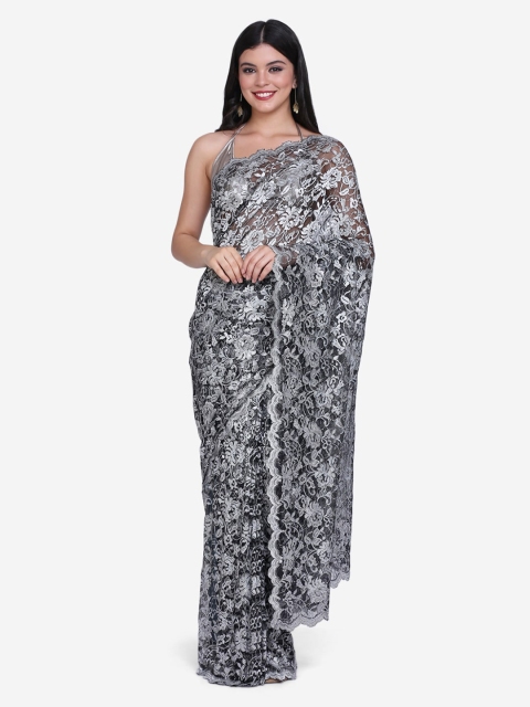 

BOMBAY SELECTIONS Grey & Silver-Toned Net Solid Saree