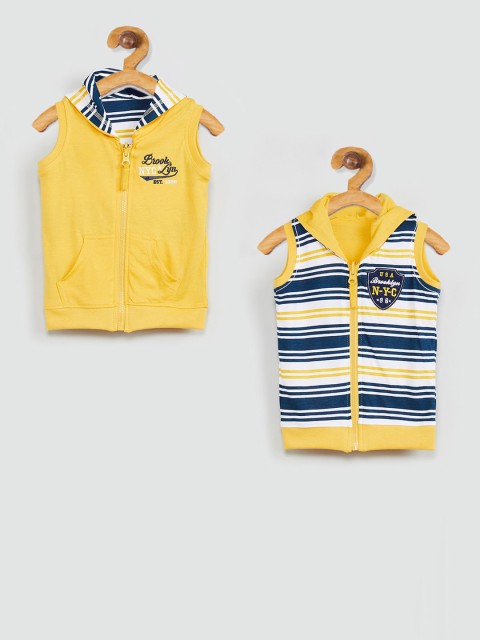 

max Boys Yellow & Navy Blue Striped Reversible Open Front Jacket