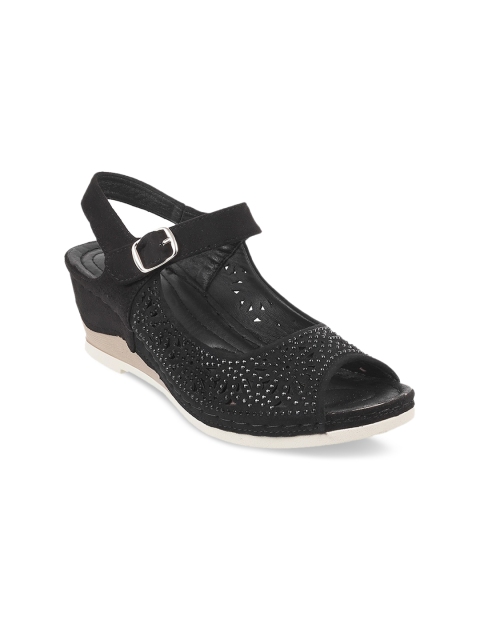 

Metro Women Black Woven Design Peep Toed Wedges