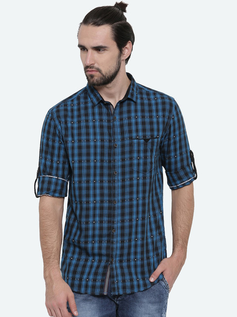 

WITH Men Blue & Black Slim Fit Checked Casual Shirt