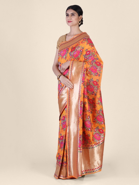 

Hastakala Orange & Gold-Toned Silk Blend Banarsi Handloom Saree