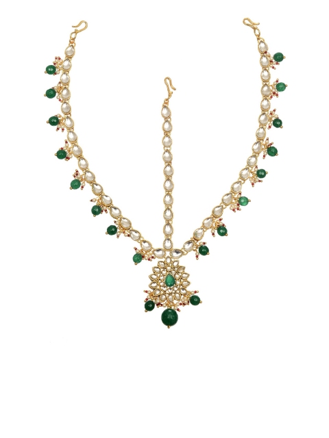 

INDYA Gold-Plated White & Green Kundan-Studded Beaded Matha Patti
