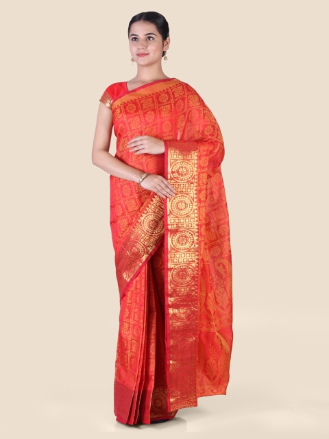 

CLAI WORLD Red & Gold-Toned Cotton Blend Printed Banarasi Saree
