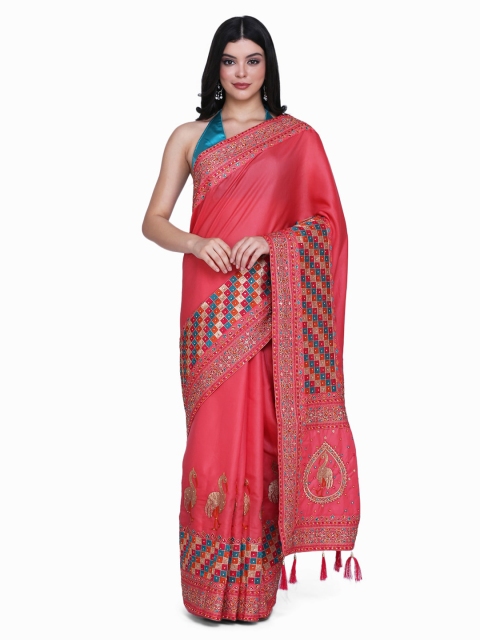 

BOMBAY SELECTIONS Peach-Coloured & Gold-Toned Silk Blend Embroidered Saree