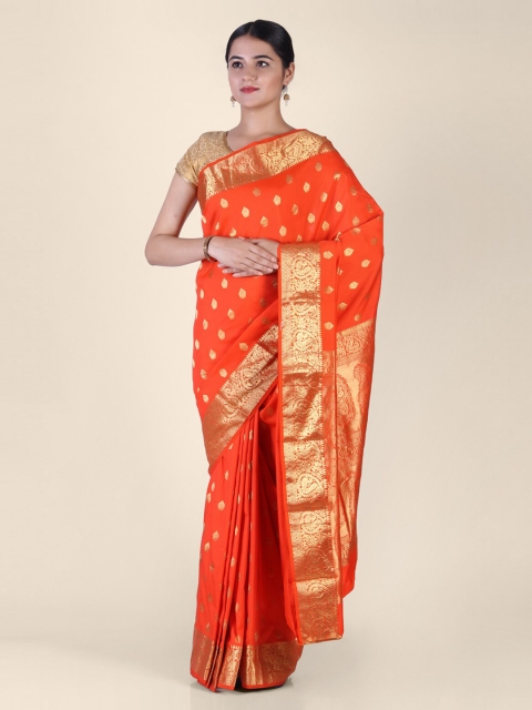 

Hastakala Orange & Gold-Toned Pure Silk Woven Design Kanjeevaram Saree