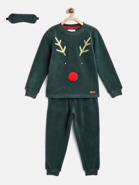 Cherry Crumble Unisex Kids Green Printed Night suit With Eye Mask