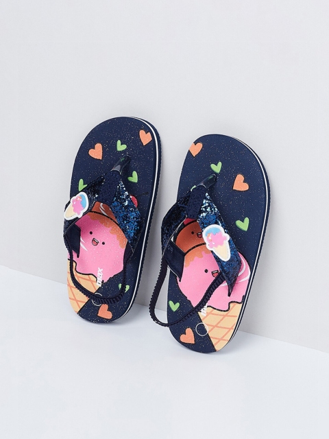max Girls Navy Blue Printed Thong Flip-Flops