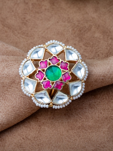 

MORKANTH JEWELLERY Gold-Plated Pink & Green Pachi Kundan Studded Handcrafted Adjustable Finger Ring
