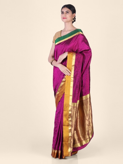Hastakala Purple & Mustard Pure Silk Solid Kanjeevaram Saree