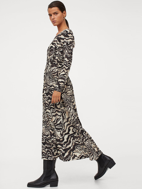 

H&M Women Black & Beige Long V-Neck Dress