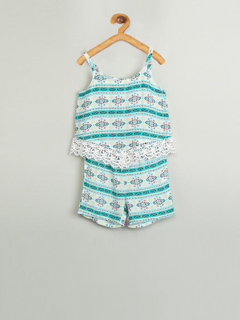

max Girls Sea-Green & Off-White Printed Romper
