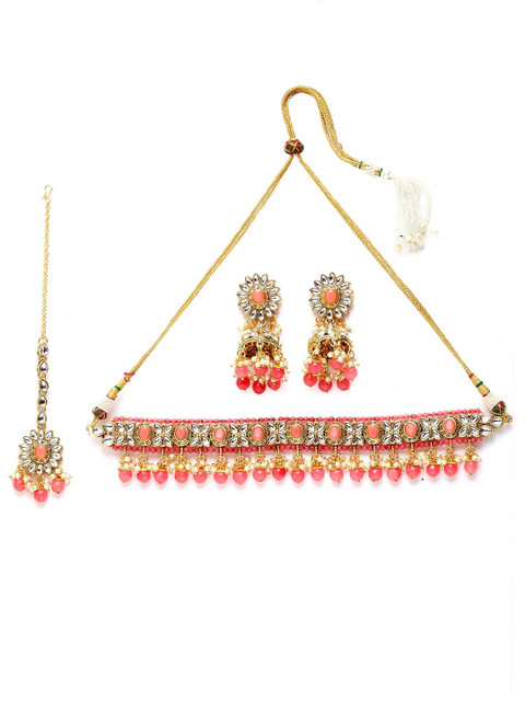 

ANIKAS CREATION Gold-Plated Pink & White Kundan & Stone-Studded Beaded Sustainable Handcrafted Jewellery Set